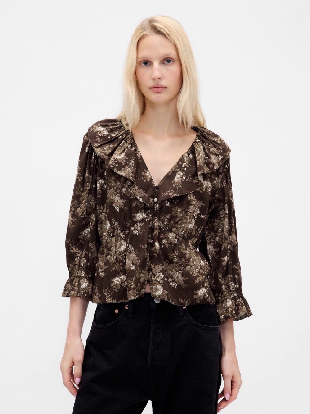 New GAP Brown Floral Ruffle Collar V-Neck Blouse Top - size M
